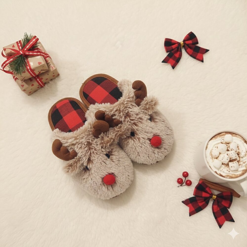Kids Fuzzy Reindeer/Moose Slippers with Red Plaid Lining Size 9-10